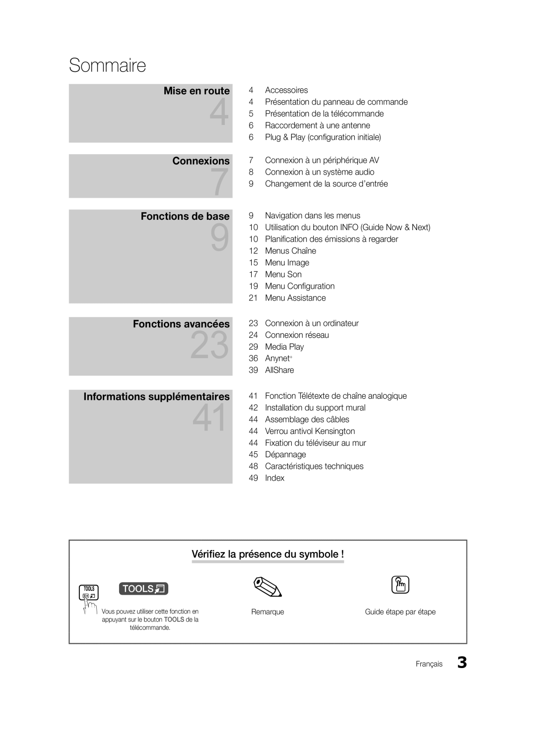 Samsung LE32C579, LE46C579, LE40C570, LE37C570 Sommaire, Vérifiez la présence du symbole, Remarque, Guide étape par étape 