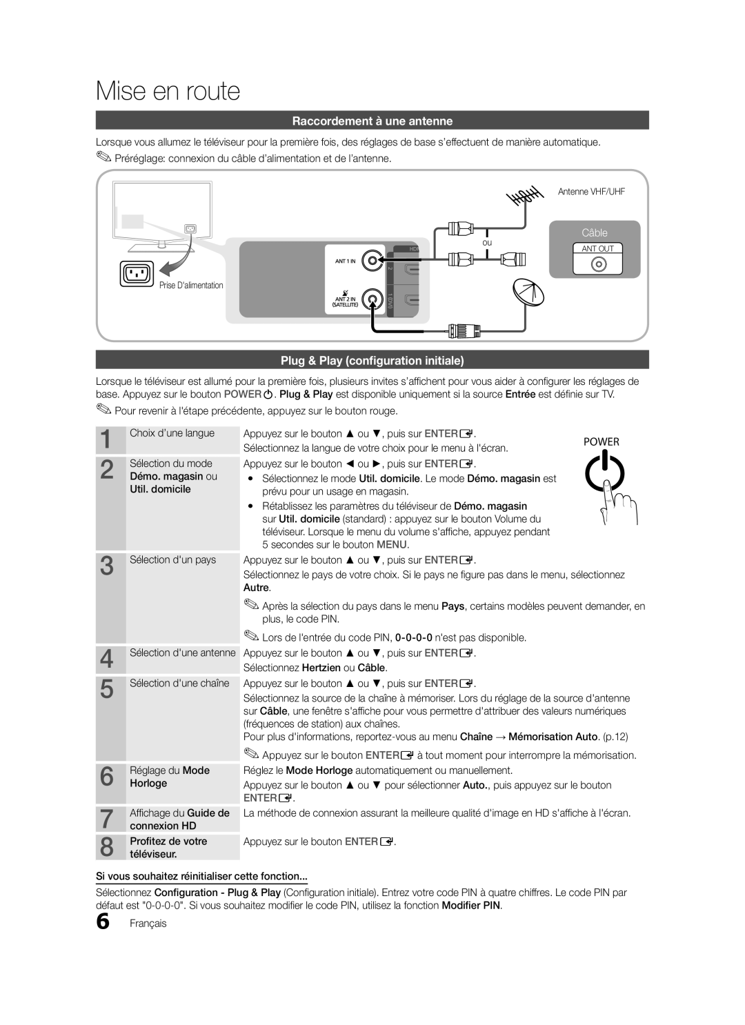 Samsung LE46C579, LE40C570, LE37C570, LE40C579, LE37C579 Raccordement à une antenne, Plug & Play configuration initiale 