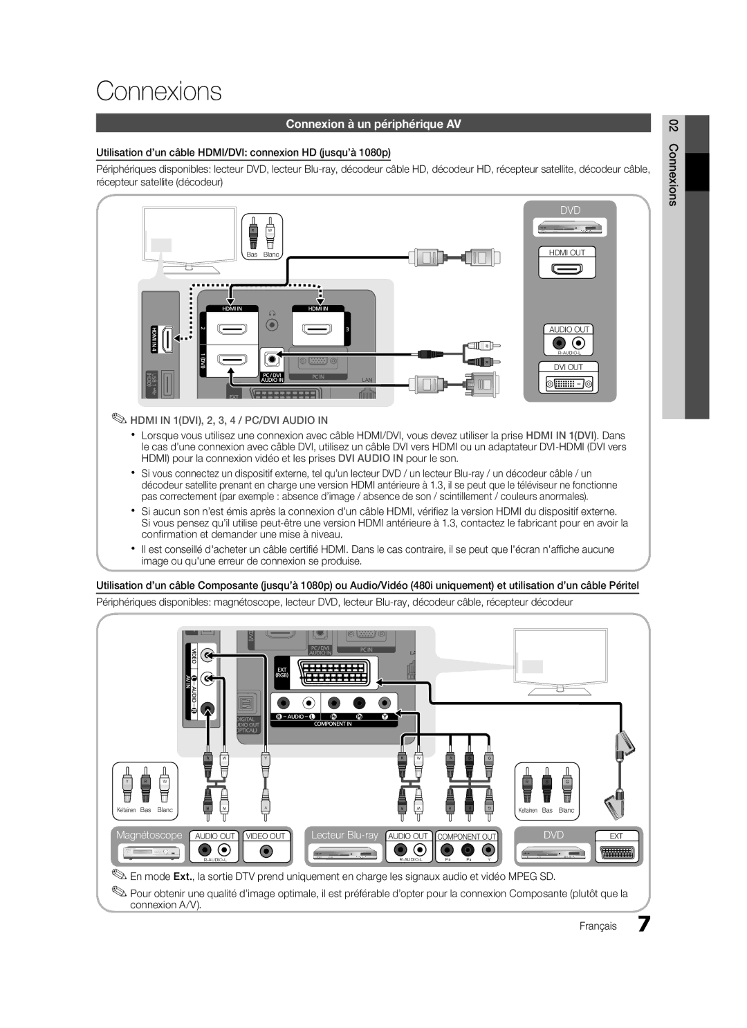 Samsung LE40C570 Connexions, Connexion à un périphérique AV, Utilisation d’un câble HDMI/DVI connexion HD jusqu’à 1080p 