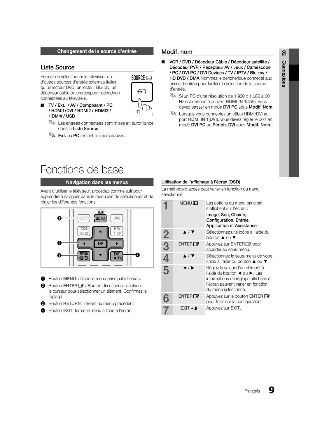 Samsung LE40C579 Fonctions de base, Liste Source, Modif. nom, Changement de la source d’entrée, Navigation dans les menus 