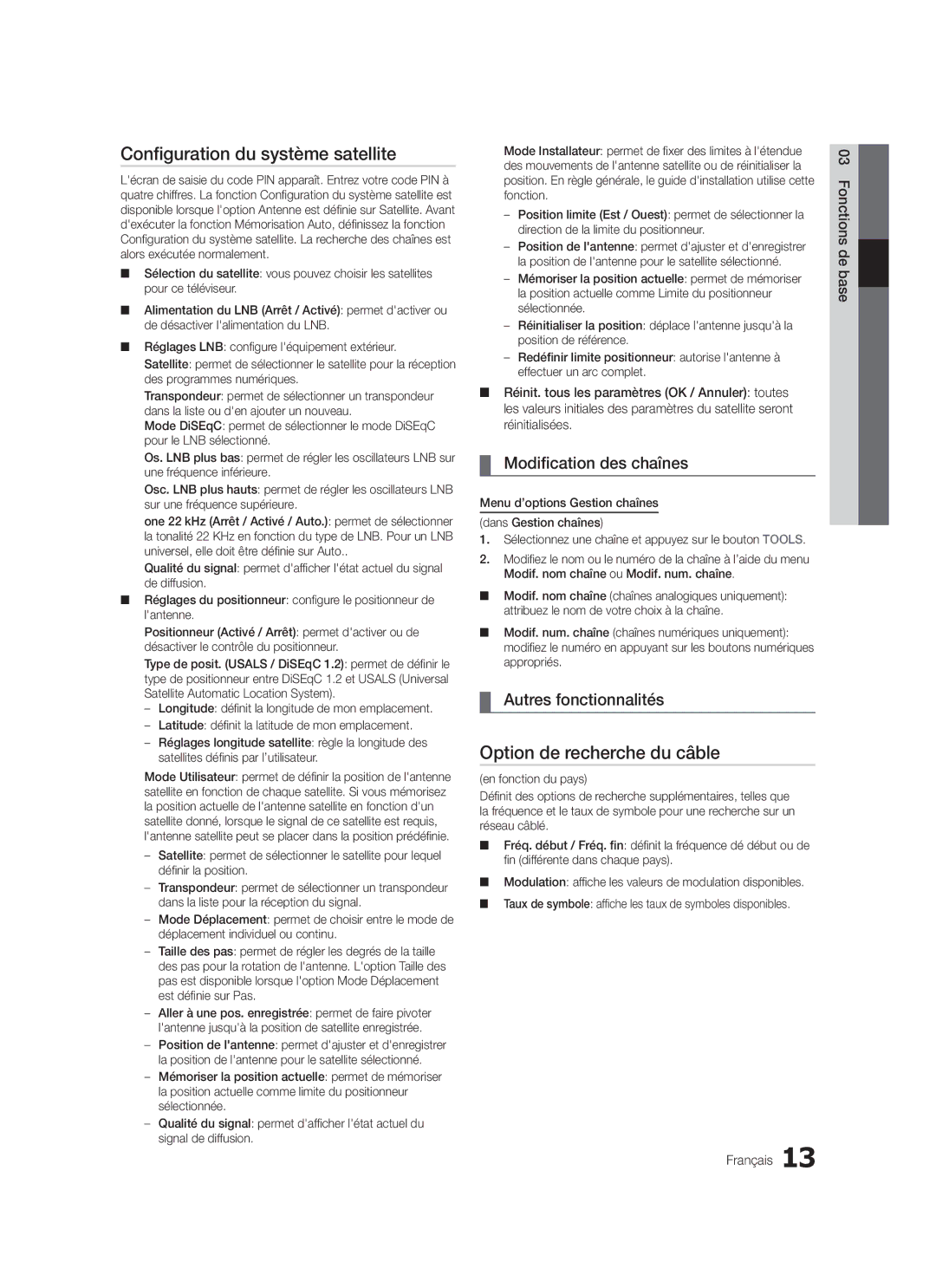 Samsung LE46C570, LE46C579 Configuration du système satellite, Option de recherche du câble, Modification des chaînes 