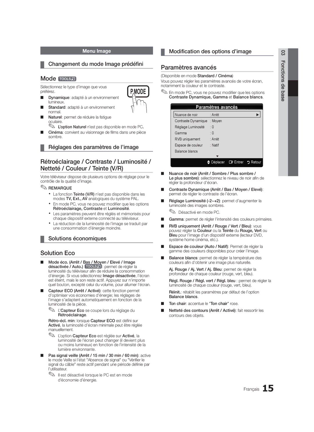 Samsung LE40C570, LE46C579, LE37C570, LE40C579, LE37C579, LE32C579, LE32C570, LE46C570 Solution Eco, Paramètres avancés 