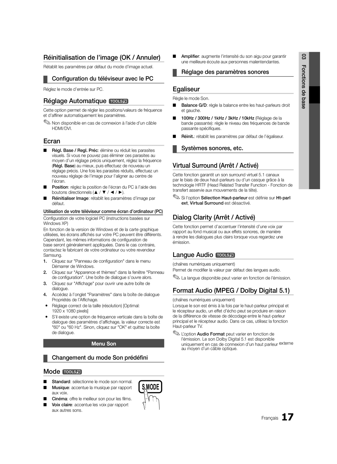 Samsung LE40C579 Réinitialisation de l’image OK / Annuler, Réglage Automatique t, Ecran, Egaliseur, Langue Audio t 