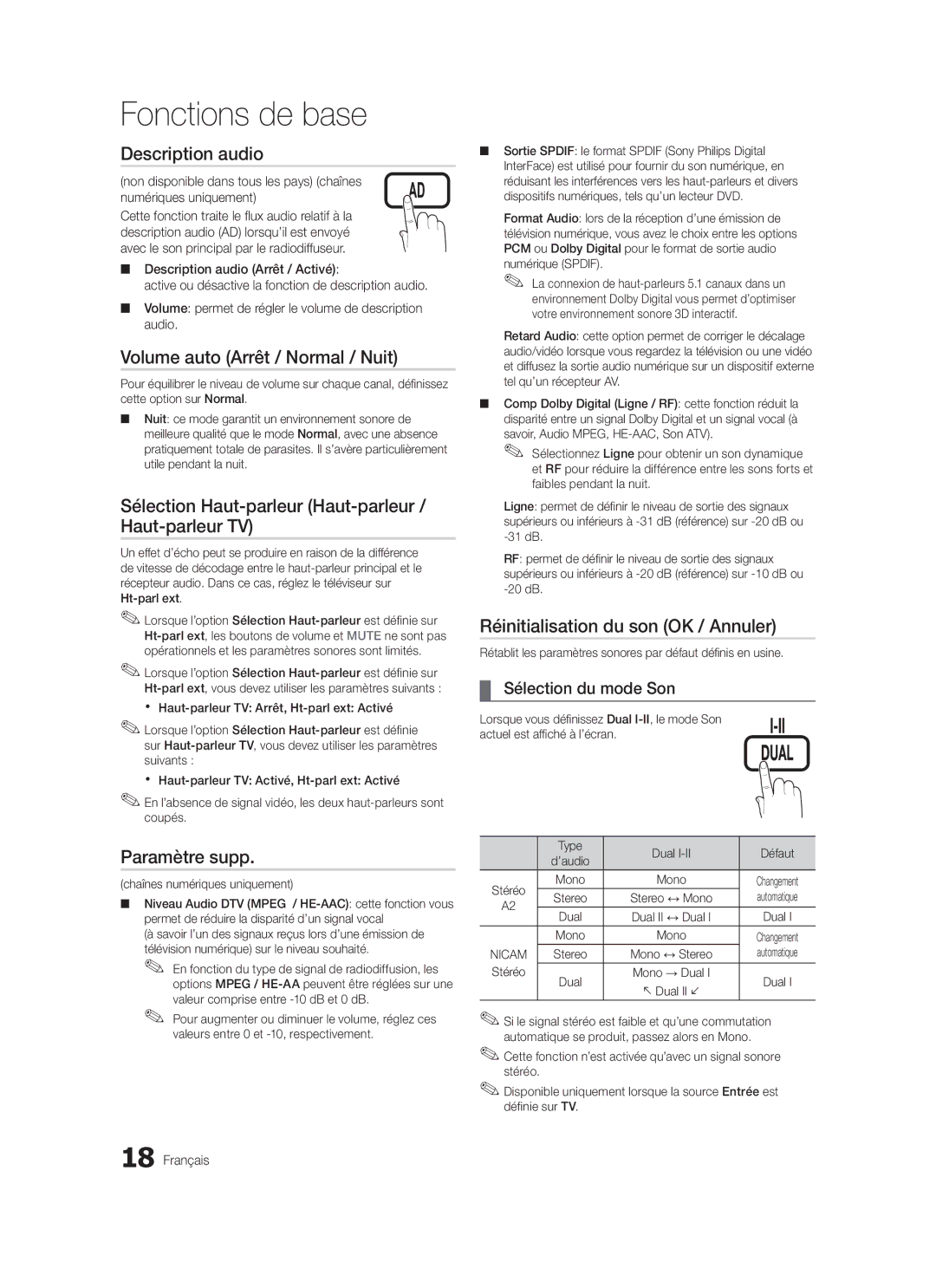 Samsung LE37C579, LE46C579, LE40C570, LE37C570, LE40C579 Description audio, Volume auto Arrêt / Normal / Nuit, Paramètre supp 