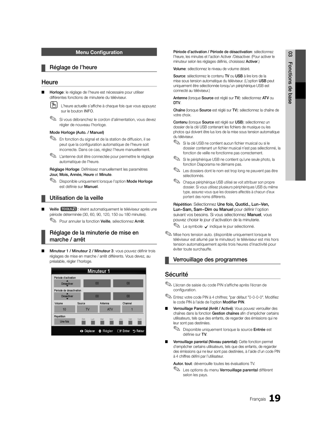 Samsung LE32C579, LE46C579, LE40C570, LE37C570, LE40C579, LE37C579, LE32C570, LE46C570 user manual Heure, Sécurité 