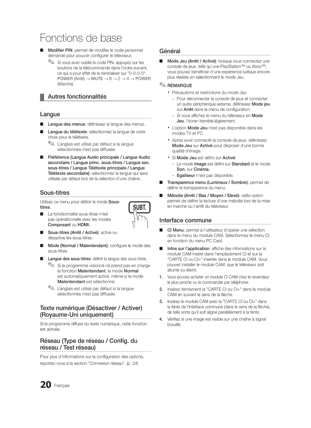 Samsung LE32C570 Autres fonctionnalités Langue, Sous-titres, Texte numérique Désactiver / Activer Royaume-Uni uniquement 