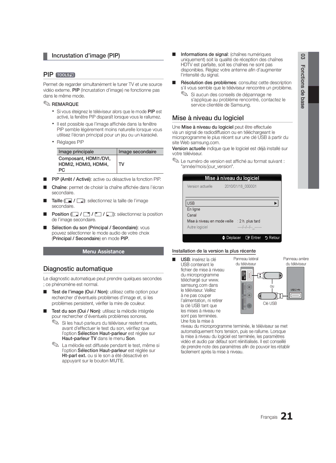 Samsung LE46C570, LE46C579 Diagnostic automatique, Mise à niveau du logiciel, Incrustation d’image PIP, Menu Assistance 