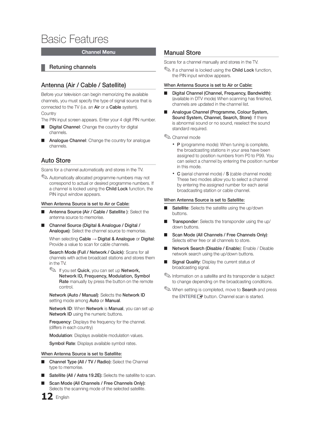 Samsung LE37C579, LE46C579 Antenna Air / Cable / Satellite, Auto Store, Manual Store, Retuning channels, Channel Menu 