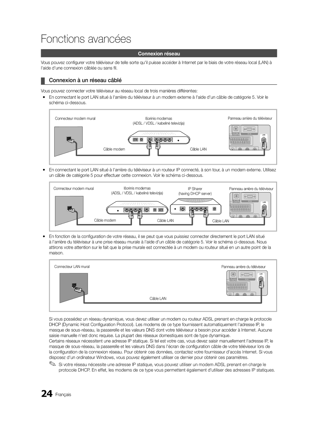 Samsung LE37C570, LE46C579, LE40C570, LE40C579, LE37C579 Fonctions avancées, Connexion à un réseau câblé, Connexion réseau 