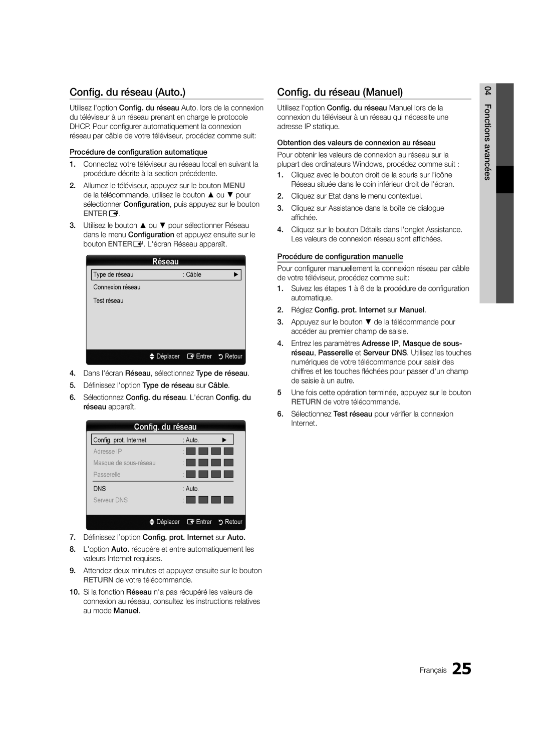 Samsung LE40C579 Config. du réseau Auto, Config. du réseau Manuel, Réseau, Procédure de configuration automatique 