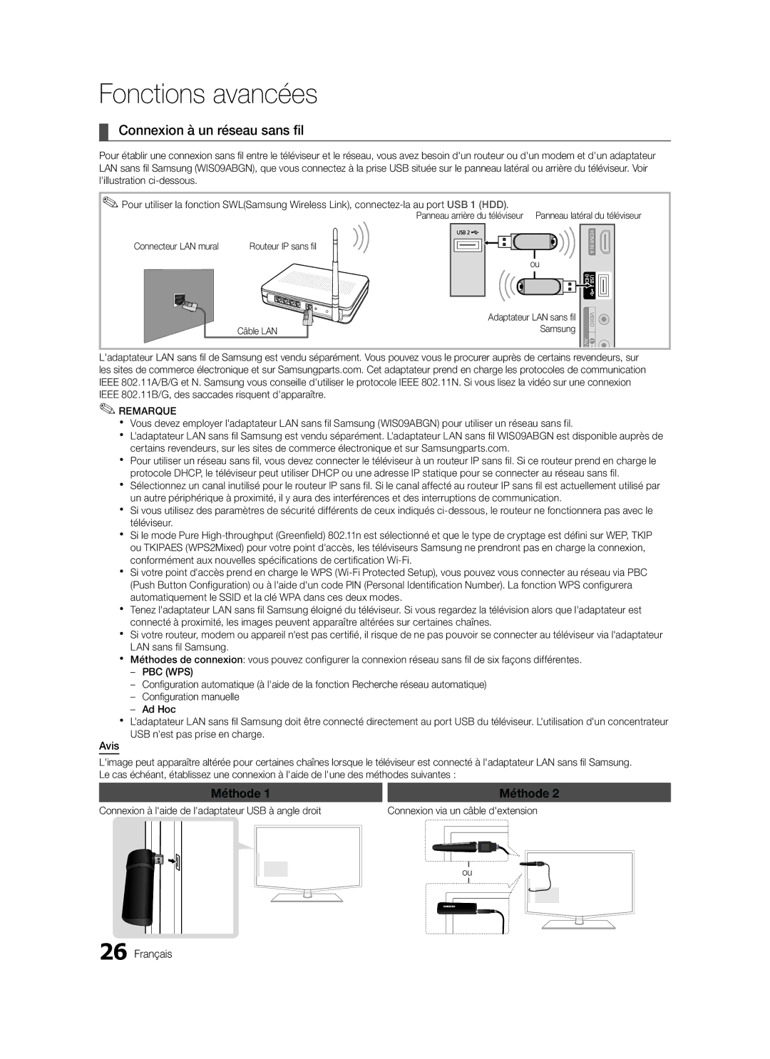 Samsung LE37C579, LE46C579, LE40C570, LE37C570, LE40C579, LE32C579, LE32C570, LE46C570 Connexion à un réseau sans fil, Avis 