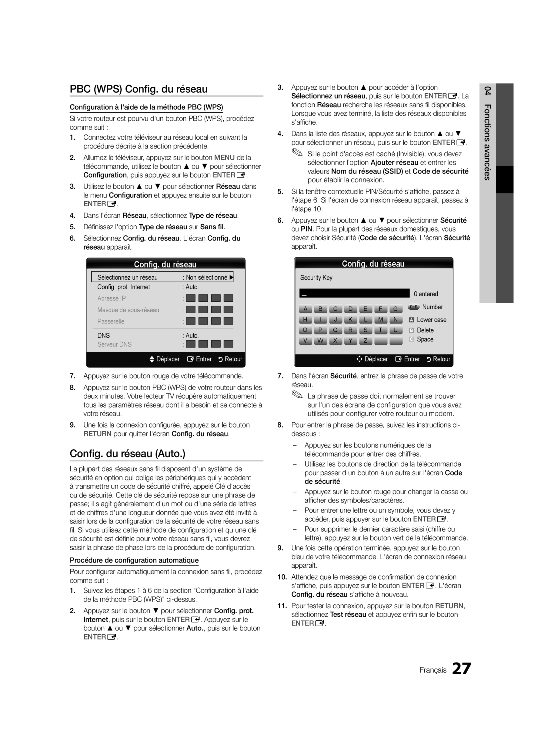 Samsung LE32C579, LE46C579, LE40C570, LE37C570, LE40C579, LE37C579 PBC WPS Config. du réseau, Fonctions avancées Français 