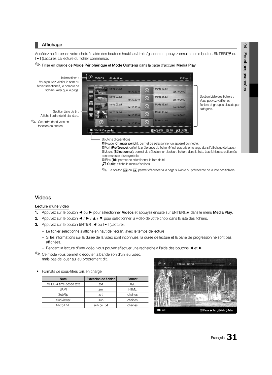 Samsung LE40C570, LE46C579, LE37C570, LE40C579, LE37C579 Affichage, Avancées, Yy Formats de sous-titres pris en charge 