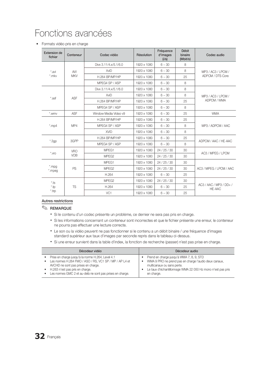 Samsung LE37C570, LE46C579 Formats vidéo pris en charge, Autres restrictions, Extension de Fréquence Débit, Dimages 