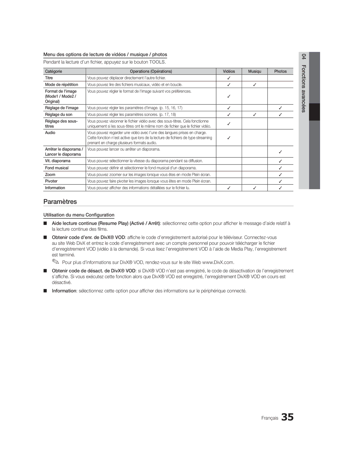 Samsung LE32C579, LE46C579, LE40C570, LE37C570, LE40C579, LE37C579, LE32C570, LE46C570 user manual Paramètres, Titres, Pivoter 