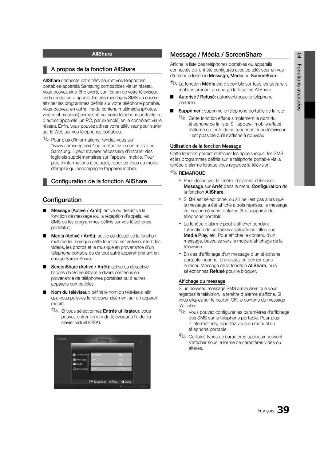 Samsung LE40C570, LE46C579, LE37C570, LE40C579 Configuration, Message / Média / ScreenShare, Propos de la fonction AllShare 