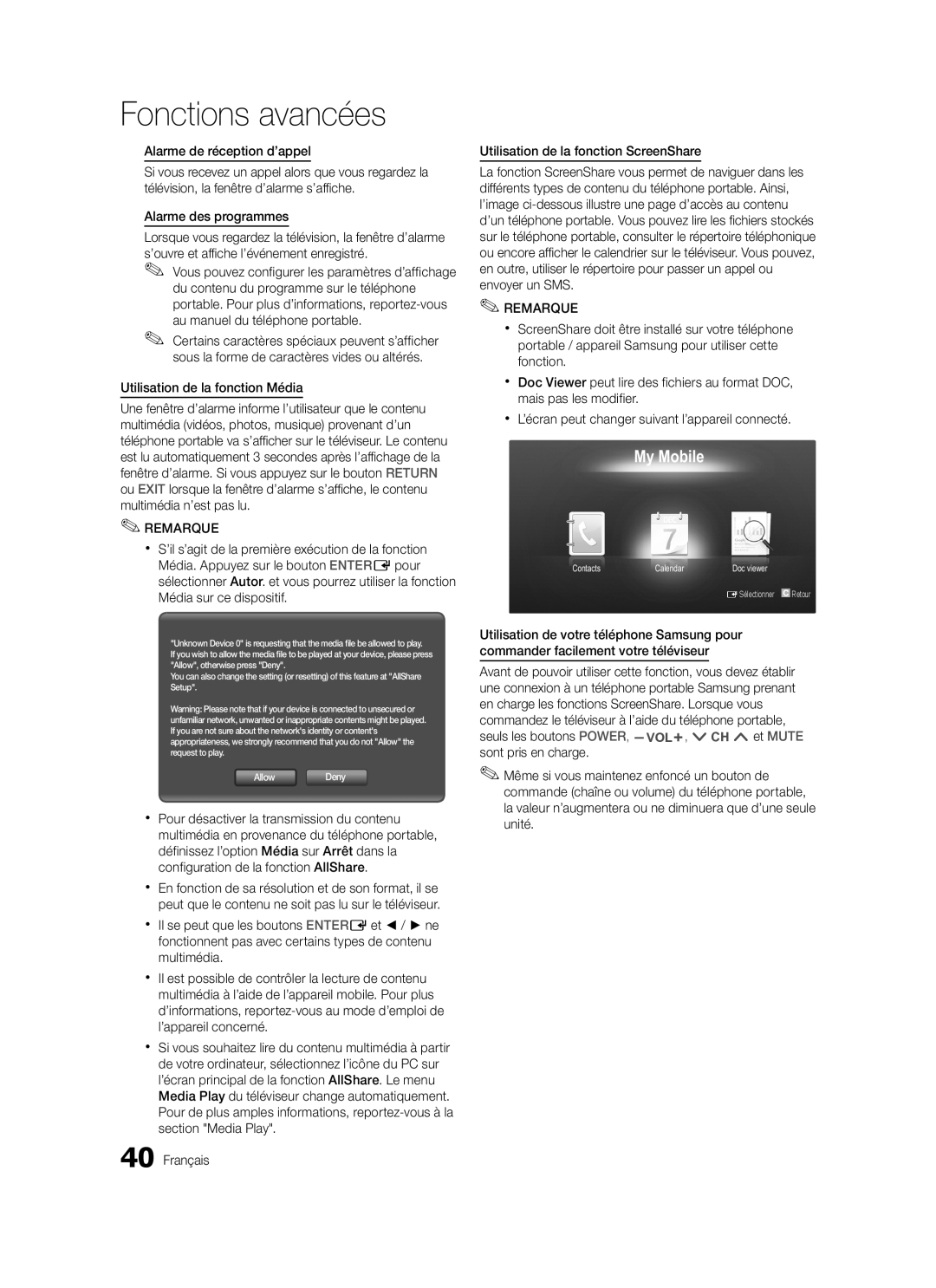 Samsung LE37C570, LE46C579, LE40C570 Alarme de réception d’appel, Alarme des programmes, Utilisation de la fonction Média 