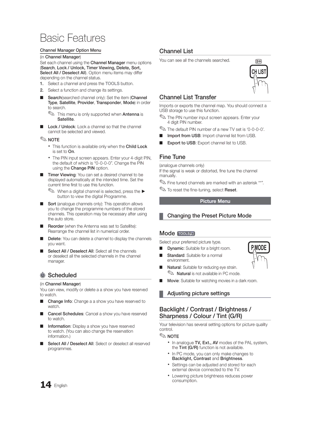 Samsung LE32C570, LE46C579, LE40C570, LE37C570, LE40C579, LE37C579 Scheduled, Channel List Transfer, Fine Tune, Mode t 