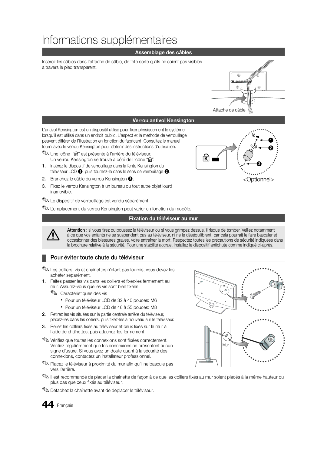 Samsung LE32C570, LE46C579 Pour éviter toute chute du téléviseur, Assemblage des câbles, Verrou antivol Kensington 