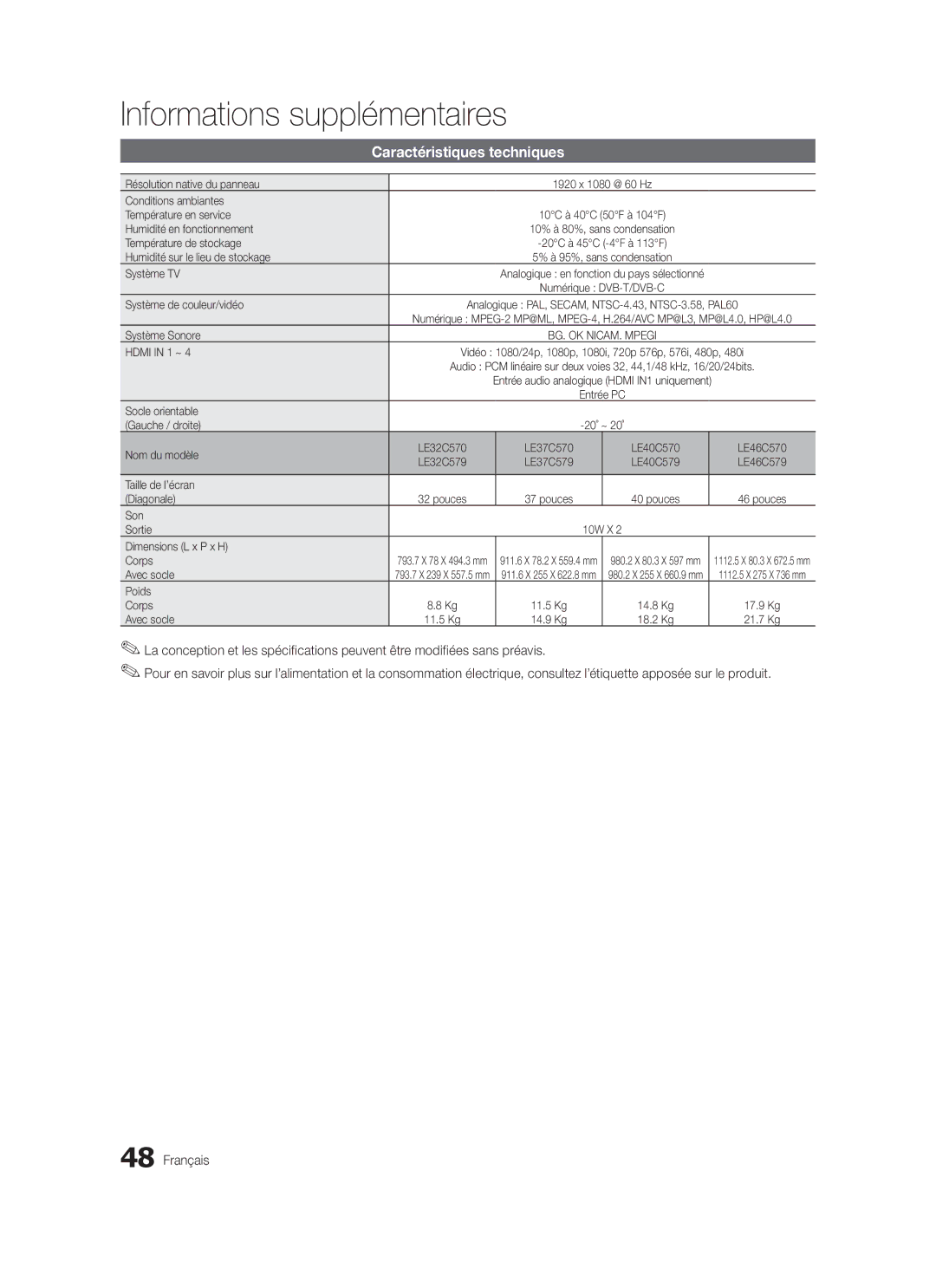 Samsung LE37C570, LE46C579, LE40C570, LE40C579, LE37C579, LE32C579, LE32C570, LE46C570 user manual Caractéristiques techniques 