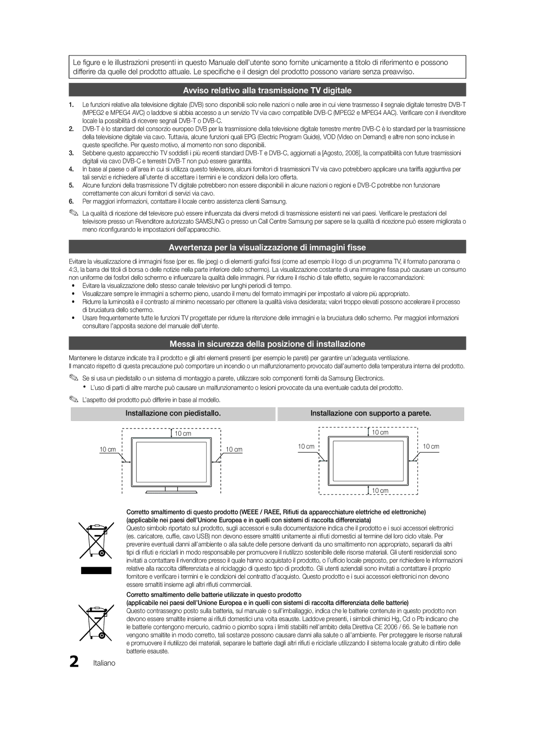 Samsung LE32C579 Avviso relativo alla trasmissione TV digitale, Avvertenza per la visualizzazione di immagini fisse 