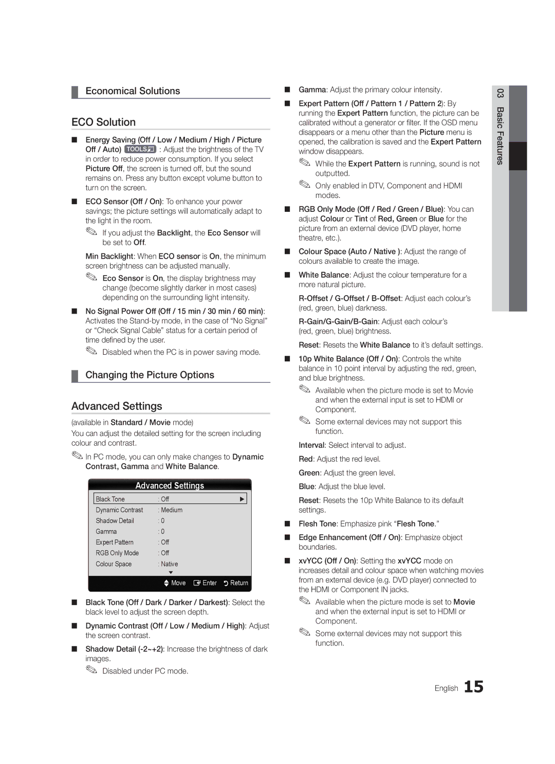 Samsung LE46C570, LE46C579, LE40C570 ECO Solution, Advanced Settings, Economical Solutions, Changing the Picture Options 