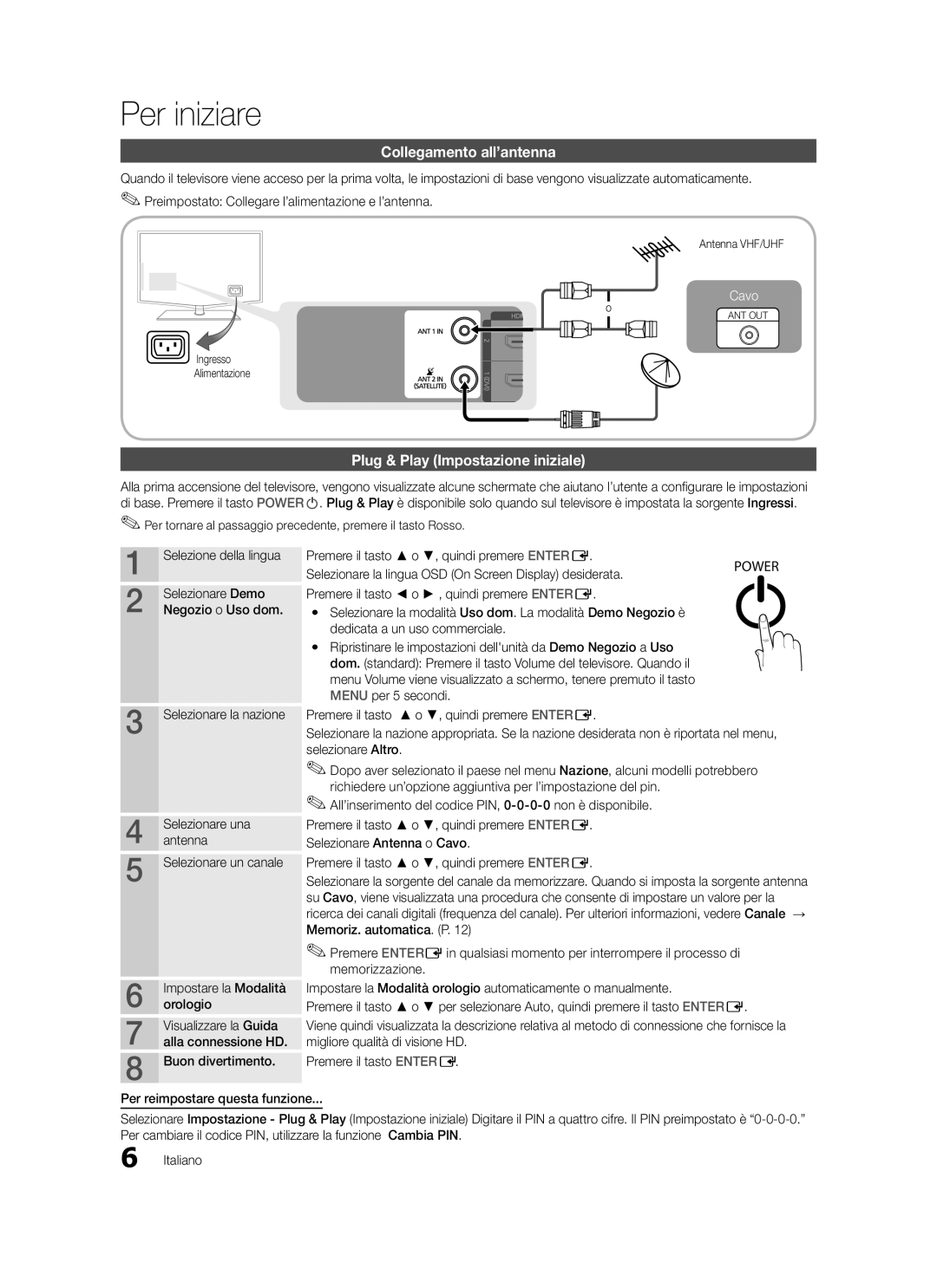 Samsung LE40C570 Collegamento all’antenna, Plug & Play Impostazione iniziale, Premere il tasto o , quindi premere Entere 