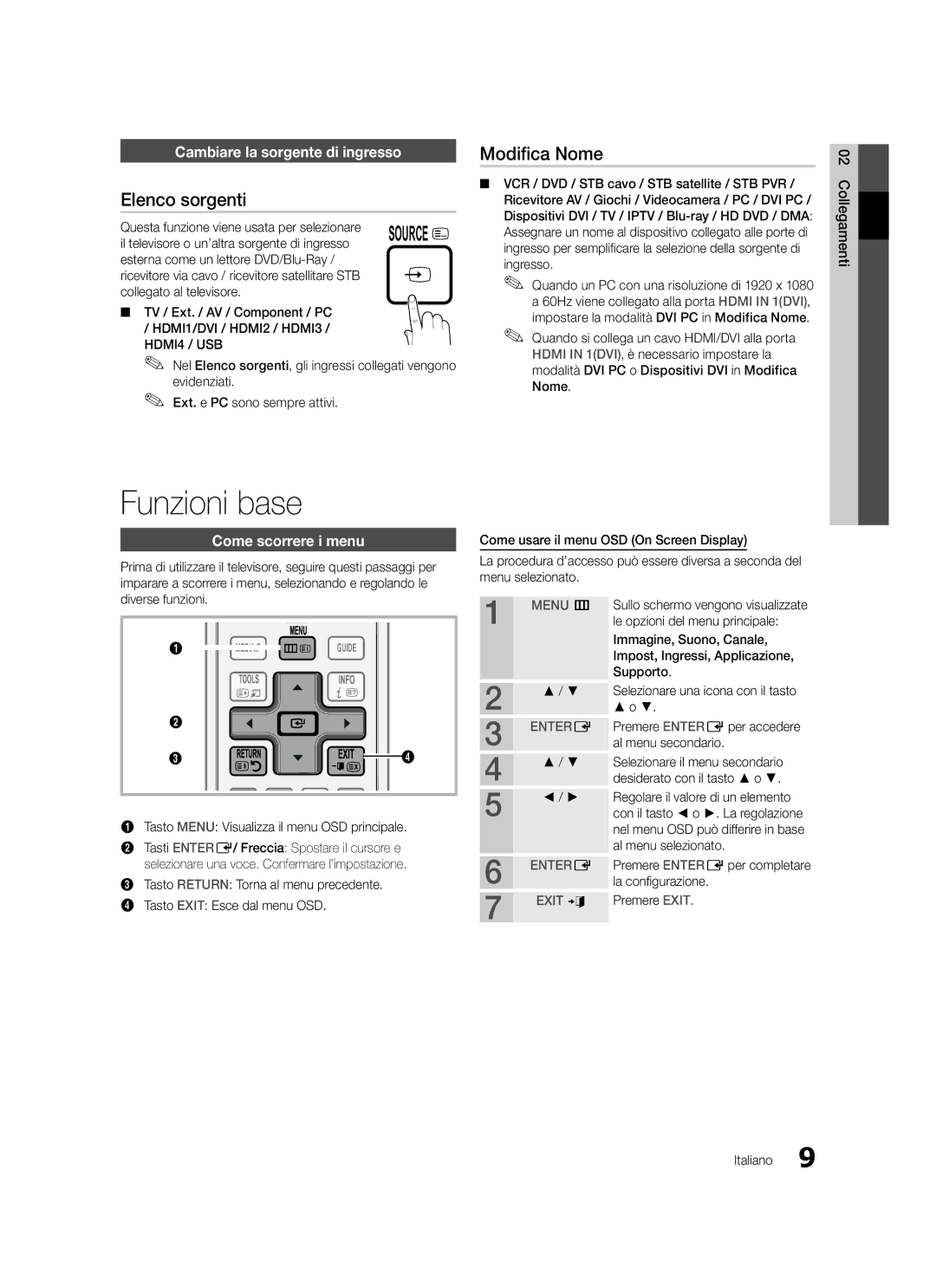 Samsung LE37C579 Funzioni base, Elenco sorgenti, Modifica Nome, Cambiare la sorgente di ingresso, Come scorrere i menu 