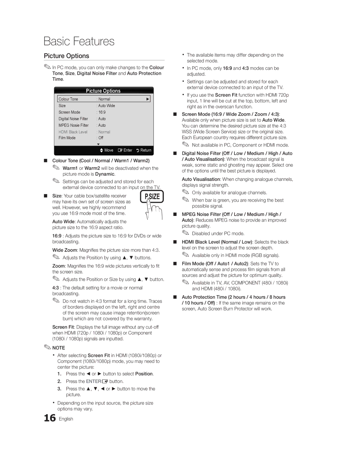 Samsung LE46C579, LE40C570, LE37C570, LE40C579, LE37C579, LE32C579, LE32C570, LE46C570 user manual Picture Options 