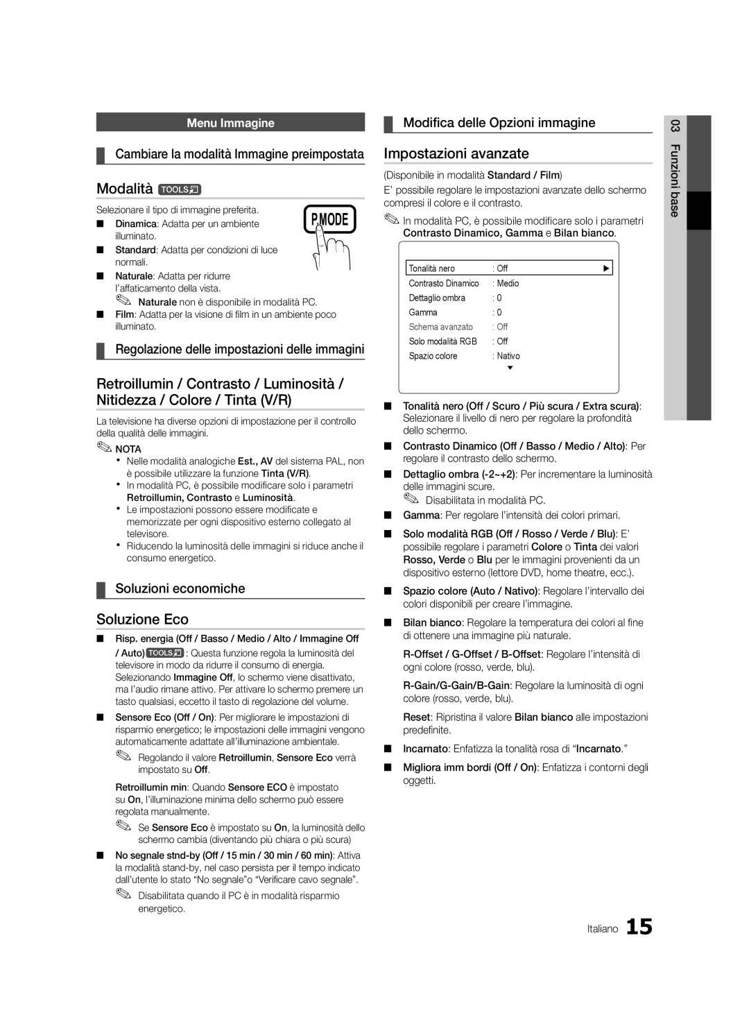 Samsung LE37C570, LE46C579, LE40C570, LE40C579, LE37C579, LE32C579, LE32C570 Modalità t, Soluzione Eco, Impostazioni avanzate 