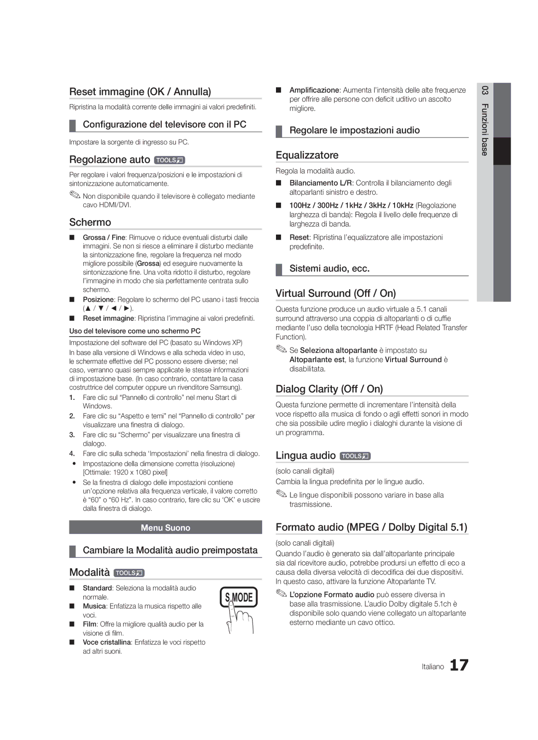 Samsung LE37C579, LE46C579 Reset immagine OK / Annulla, Regolazione auto t, Schermo, Equalizzatore, Lingua audio t 