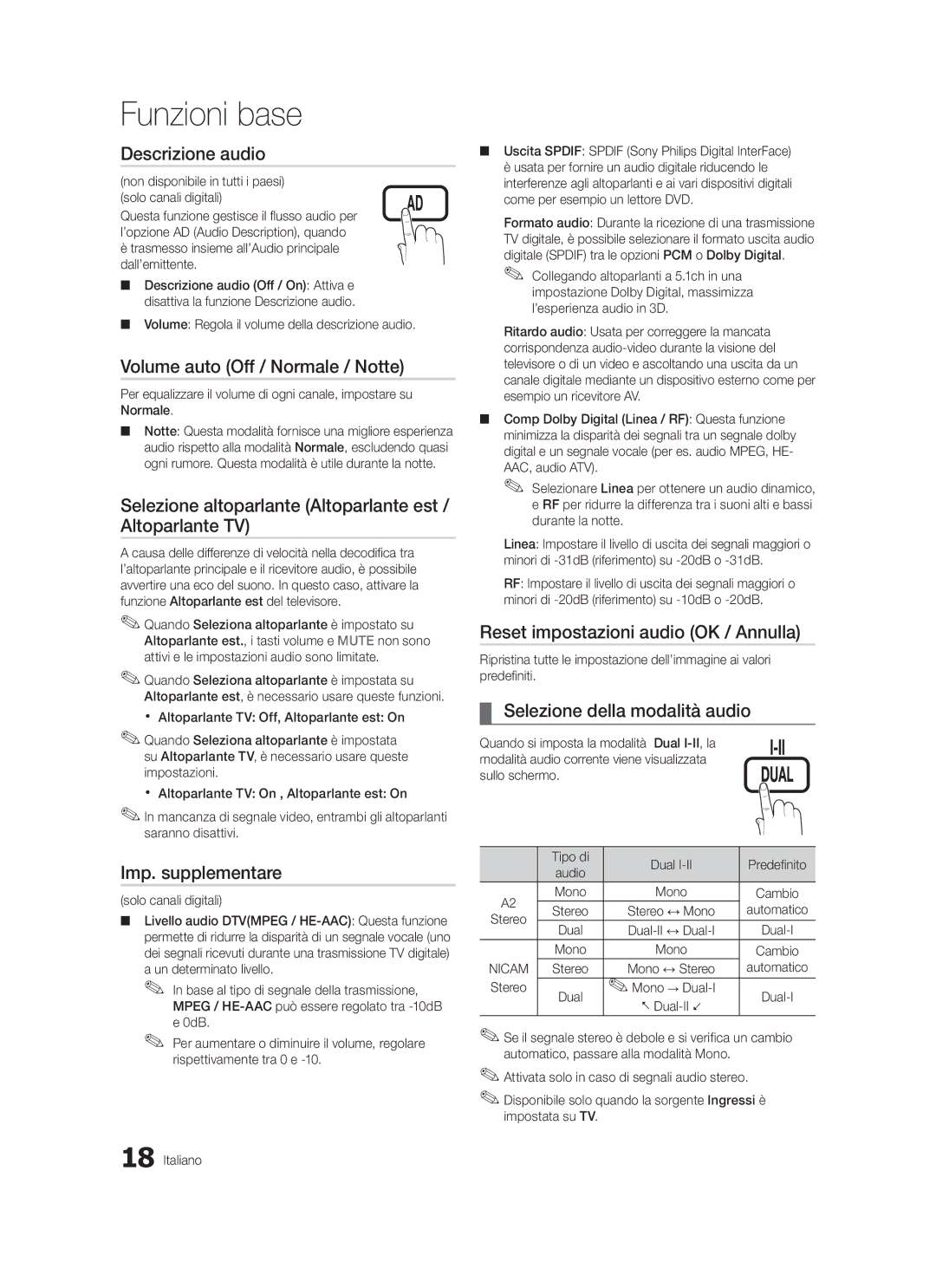 Samsung LE32C579 Descrizione audio, Volume auto Off / Normale / Notte, Imp. supplementare, Selezione della modalità audio 