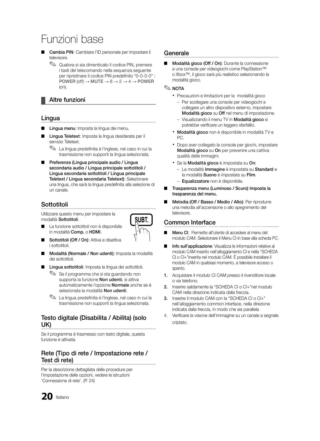 Samsung LE46C570, LE46C579 Altre funzioni Lingua, Sottotitoli, Testo digitale Disabilita / Abilita solo UK, Generale 