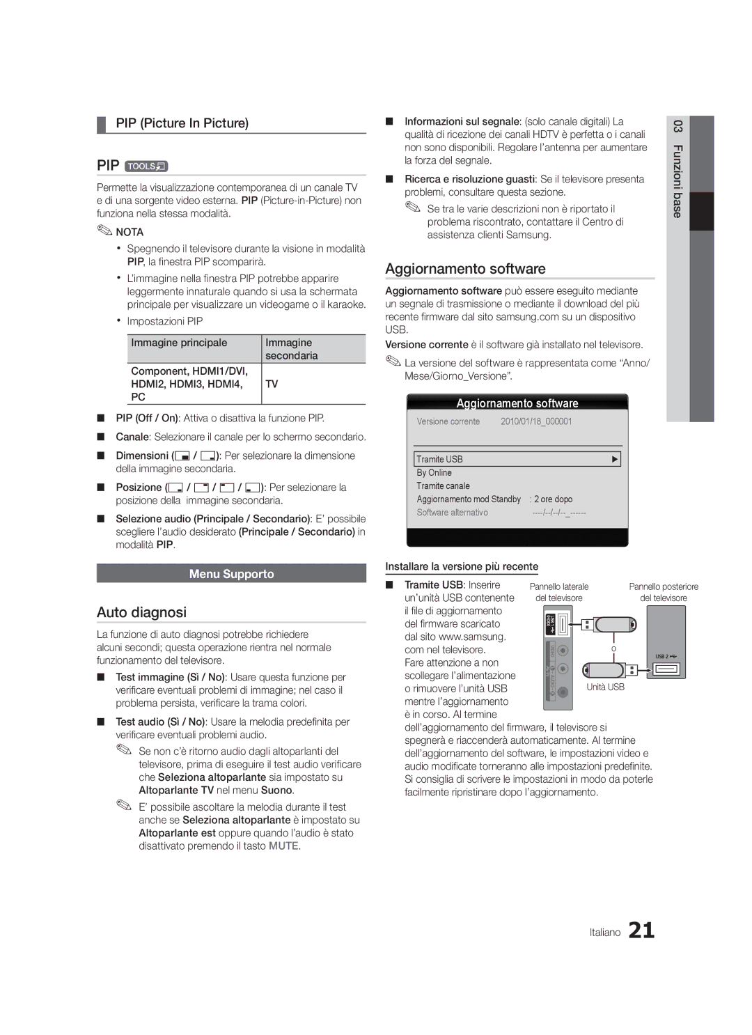 Samsung LE46C579, LE40C570, LE37C570, LE40C579 Auto diagnosi, Aggiornamento software, PIP Picture In Picture, Menu Supporto 