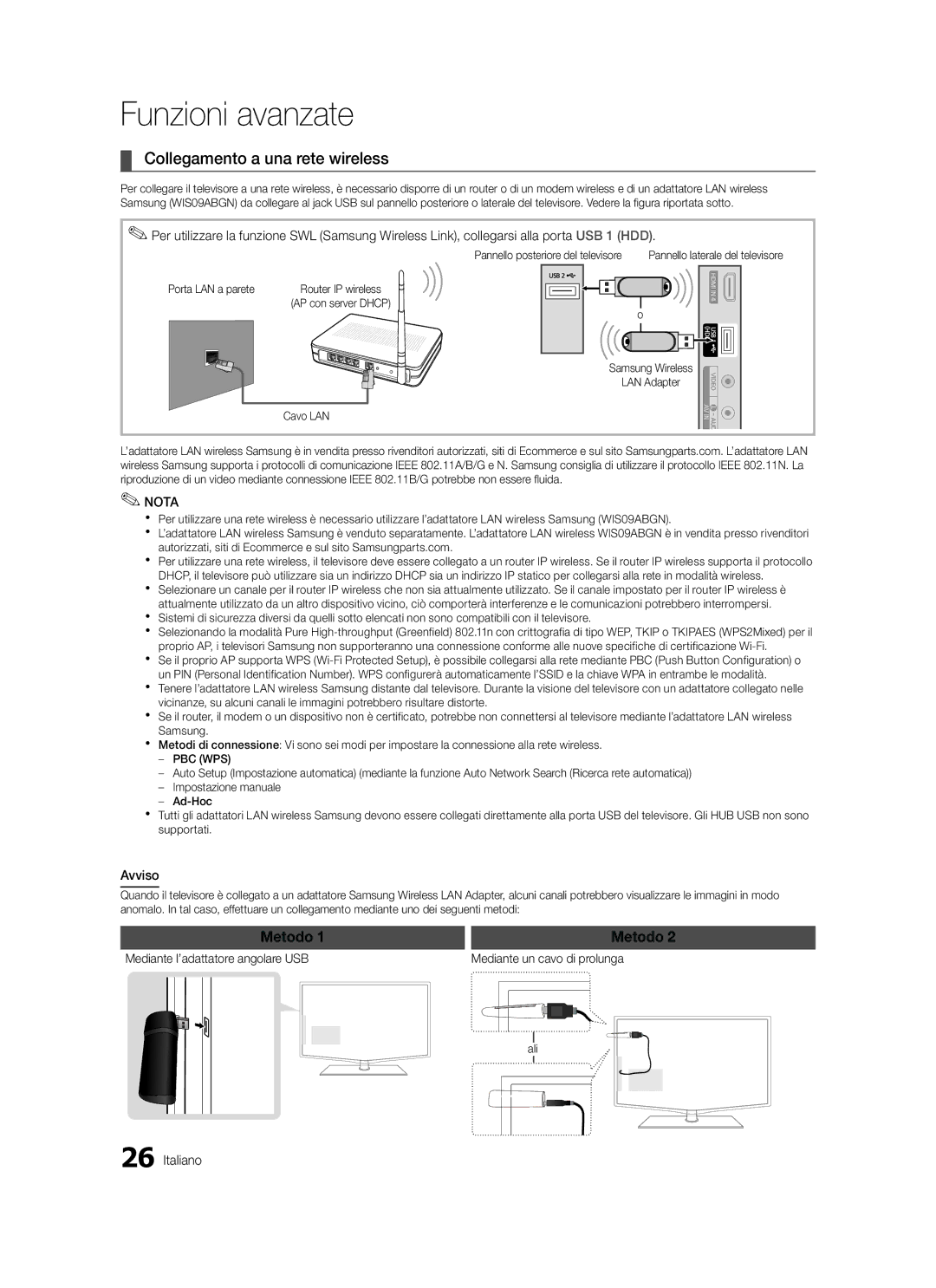 Samsung LE32C579, LE46C579, LE40C570, LE37C570, LE40C579 Collegamento a una rete wireless, Avviso, AP con server Dhcp 