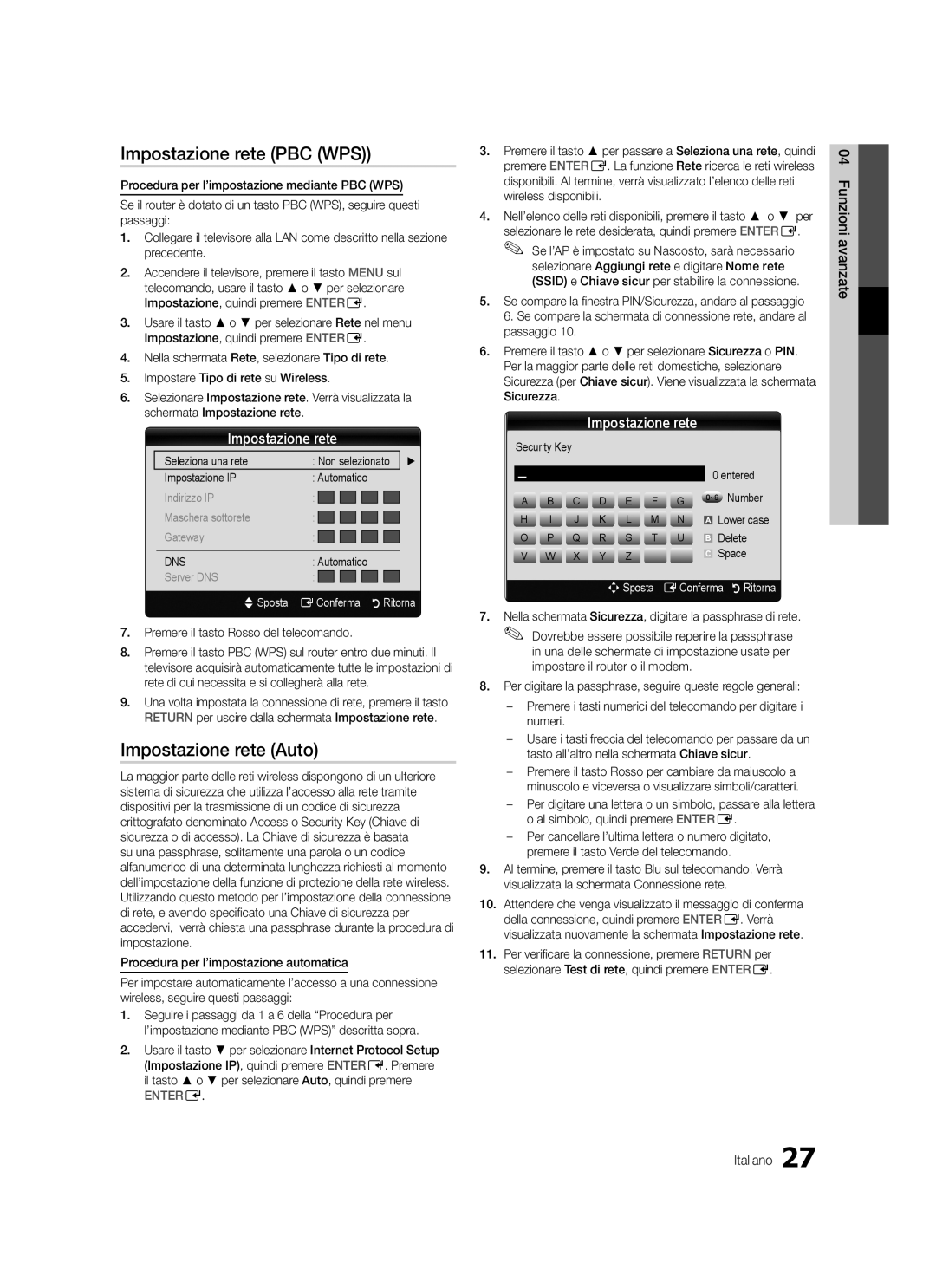 Samsung LE32C570, LE46C579 Impostazione rete PBC WPS, Funzioni avanzate Italiano, Premere il tasto Rosso del telecomando 