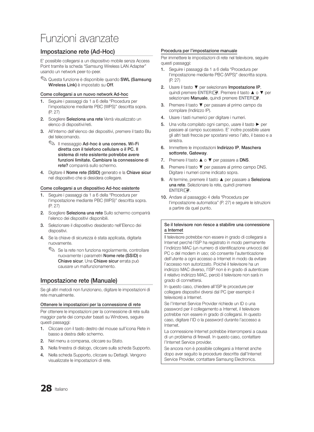 Samsung LE46C570, LE46C579, LE40C570, LE37C570, LE40C579, LE37C579 Impostazione rete Ad-Hoc, Impostazione rete Manuale 