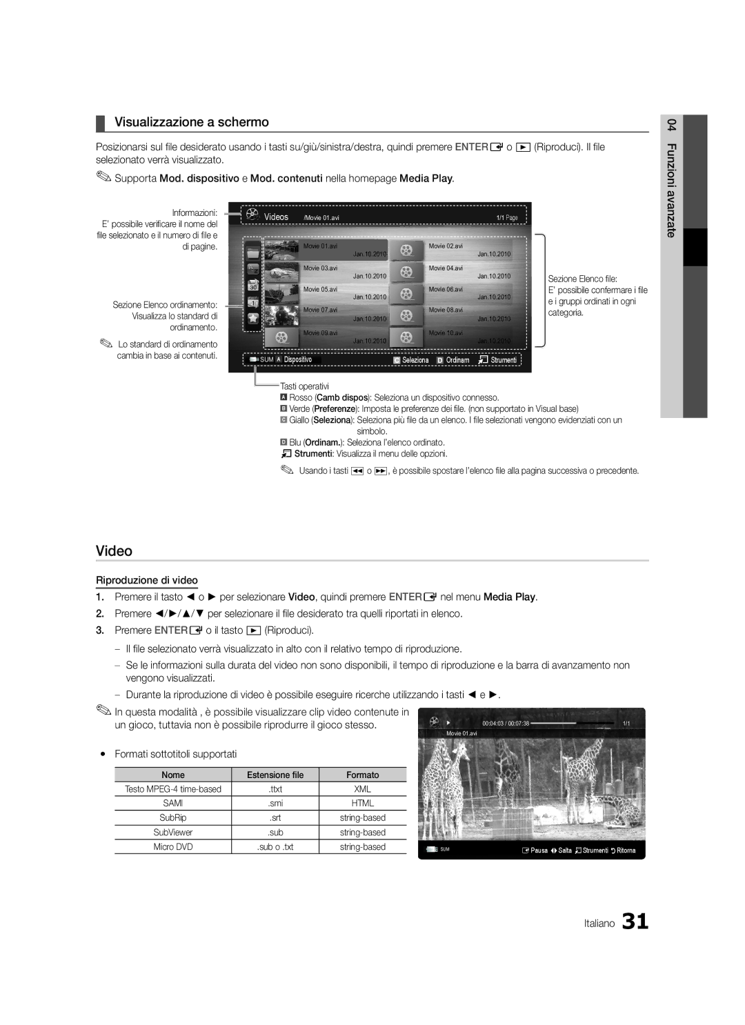 Samsung LE37C570, LE46C579, LE40C570, LE40C579 Video, Visualizzazione a schermo, Avanzate, Yy Formati sottotitoli supportati 