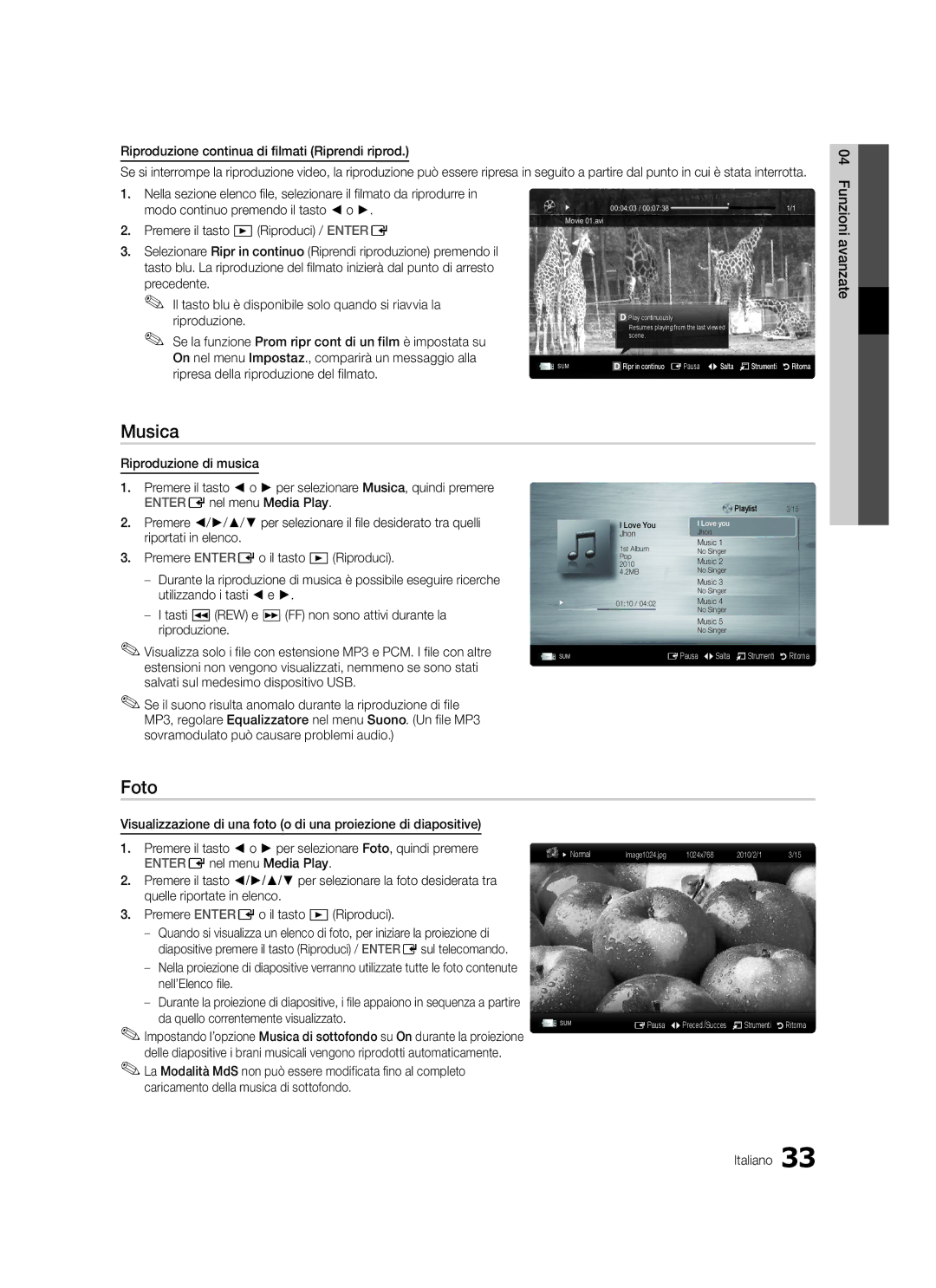 Samsung LE37C579, LE46C579, LE40C570, LE37C570, LE40C579, LE32C579, LE32C570, LE46C570 user manual Musica, Foto 