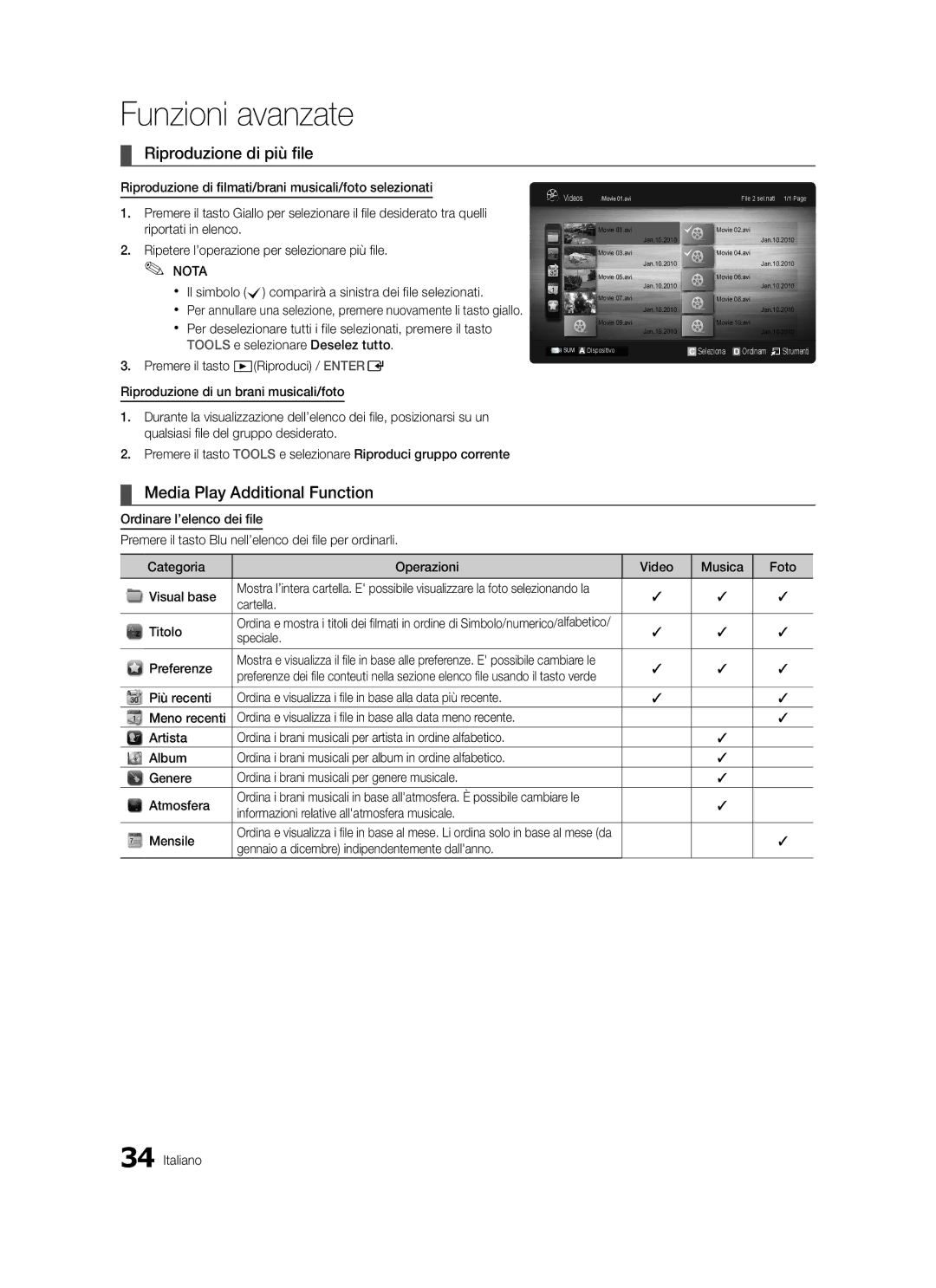 Samsung LE32C579, LE46C579, LE40C570, LE37C570, LE40C579, LE37C579, LE32C570, LE46C570 user manual Riproduzione di più file 