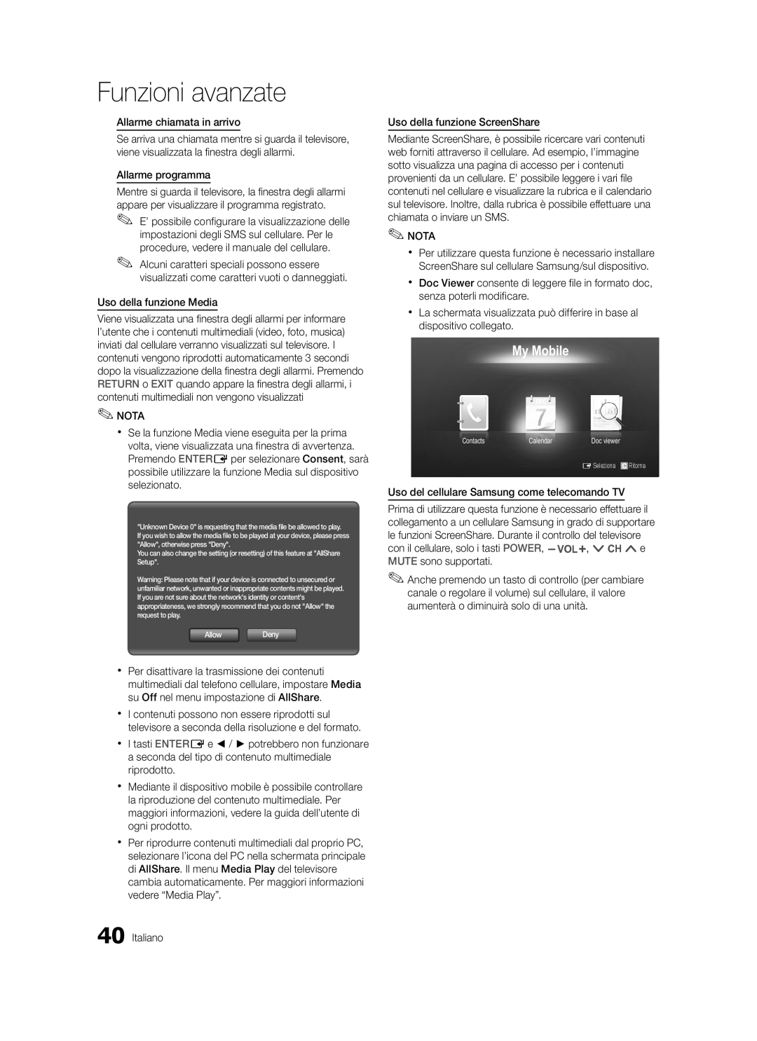 Samsung LE40C579, LE46C579, LE40C570, LE37C570 Allarme chiamata in arrivo, Allarme programma, Uso della funzione Media 