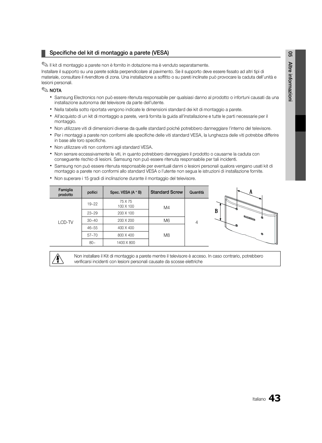 Samsung LE32C570 Specifiche del kit di montaggio a parete Vesa, Famiglia Pollici Spec. Vesa a * B, Quantità, Prodotto 