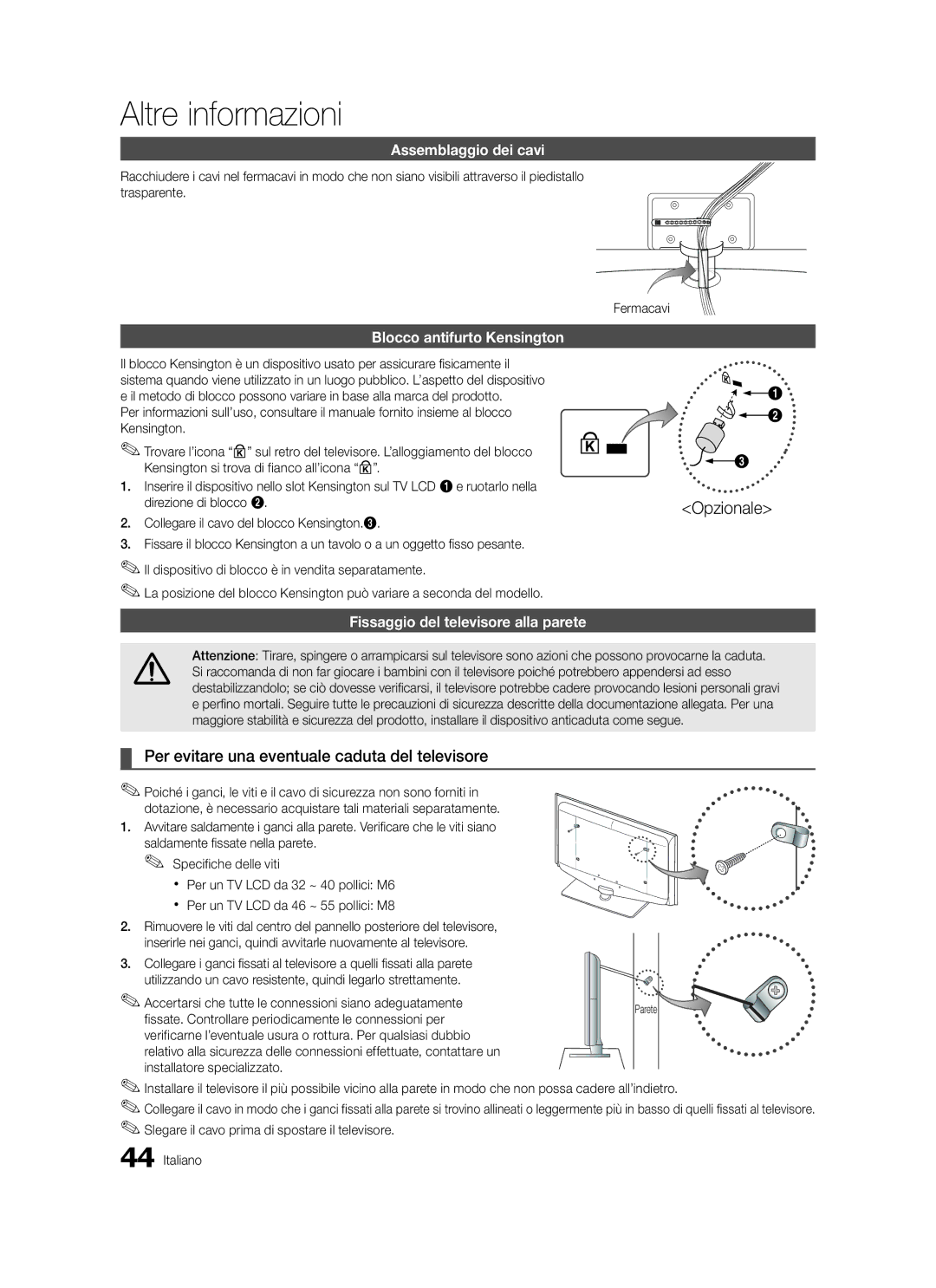 Samsung LE46C570 Per evitare una eventuale caduta del televisore, Assemblaggio dei cavi, Blocco antifurto Kensington 