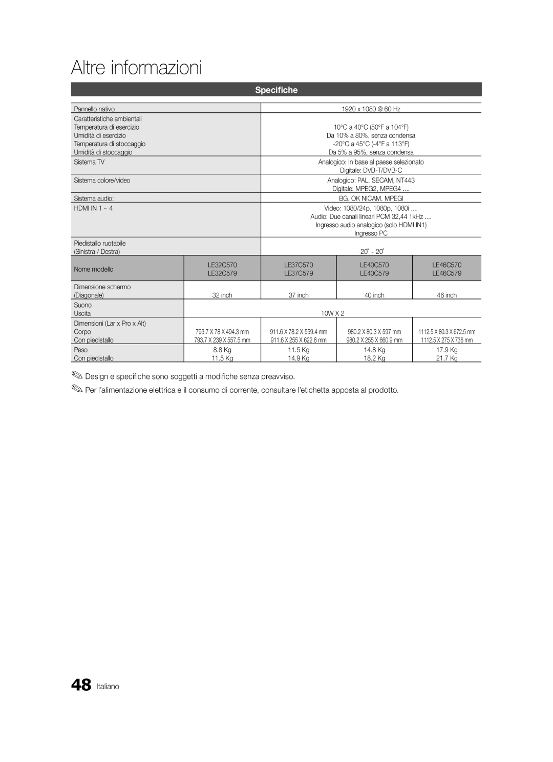 Samsung LE40C579, LE46C579, LE40C570, LE37C570, LE37C579, LE32C579, LE32C570, LE46C570 user manual Specifiche 