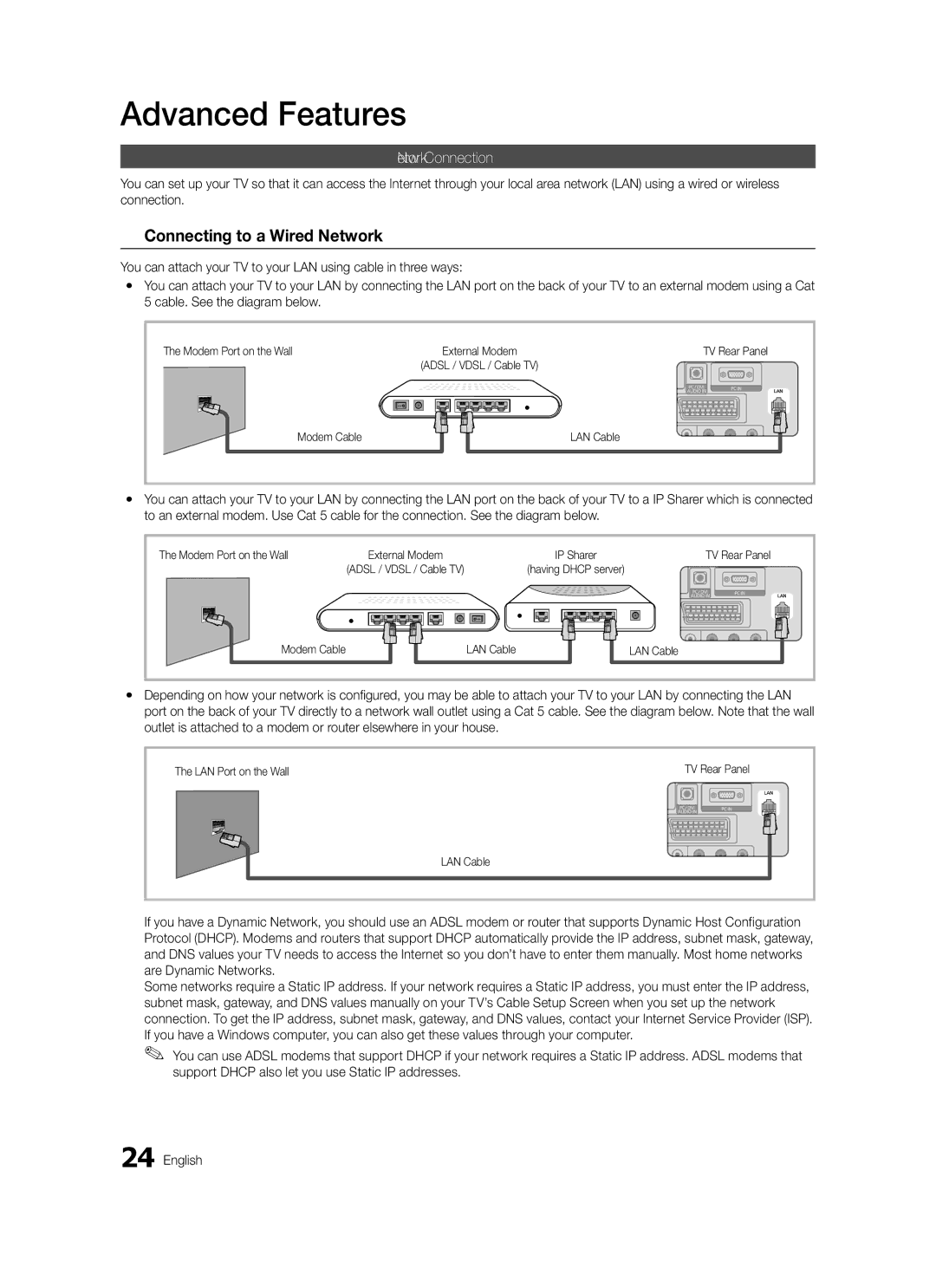 Samsung LE46C579 Connecting to a Wired Network, Network Connection, Modem Port on the Wall, Modem Cable LAN Cable 