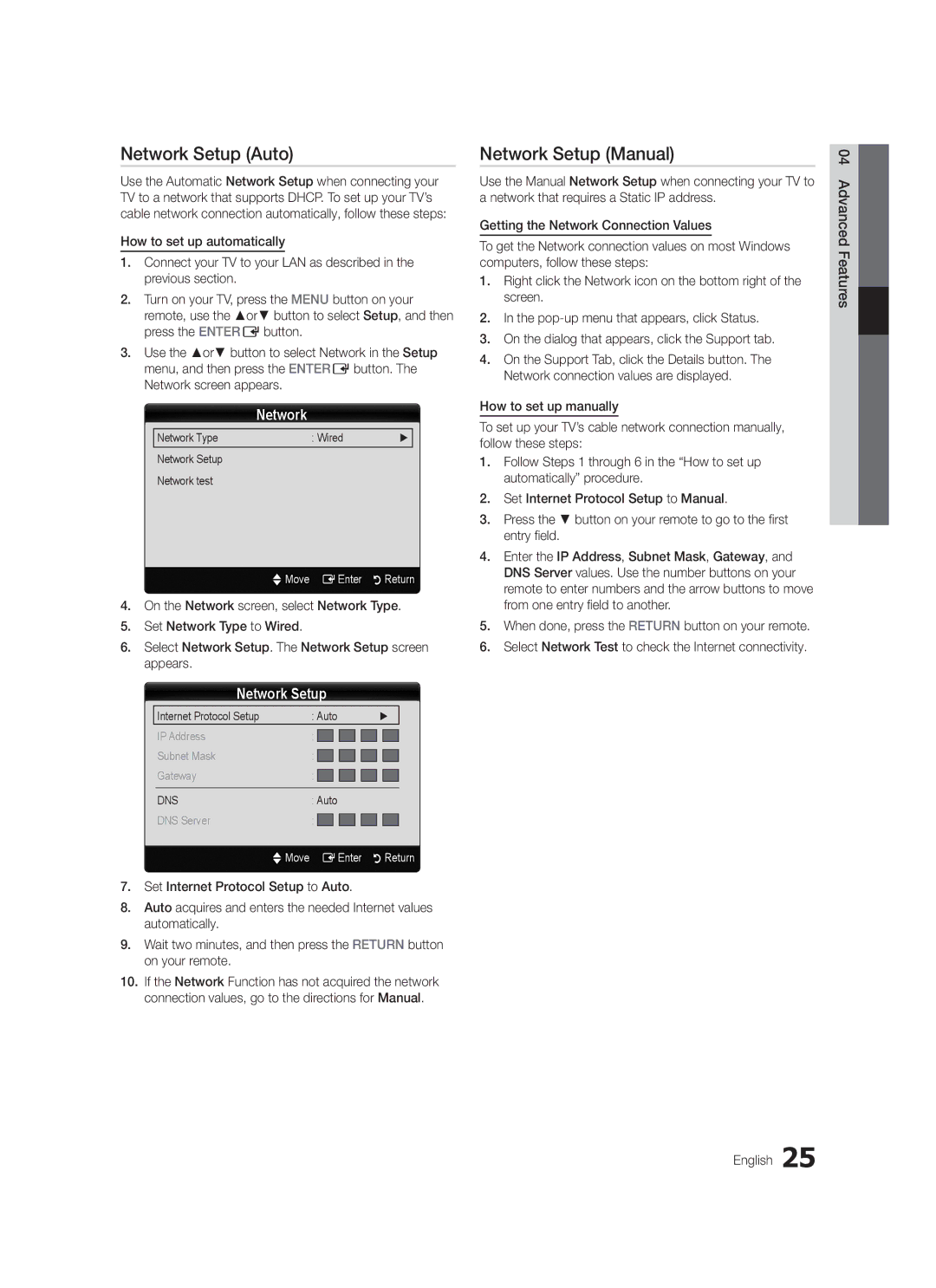 Samsung LE40C570, LE46C579 Network Setup Auto, Network Setup Manual, Network Type Wired Network Setup Network test 