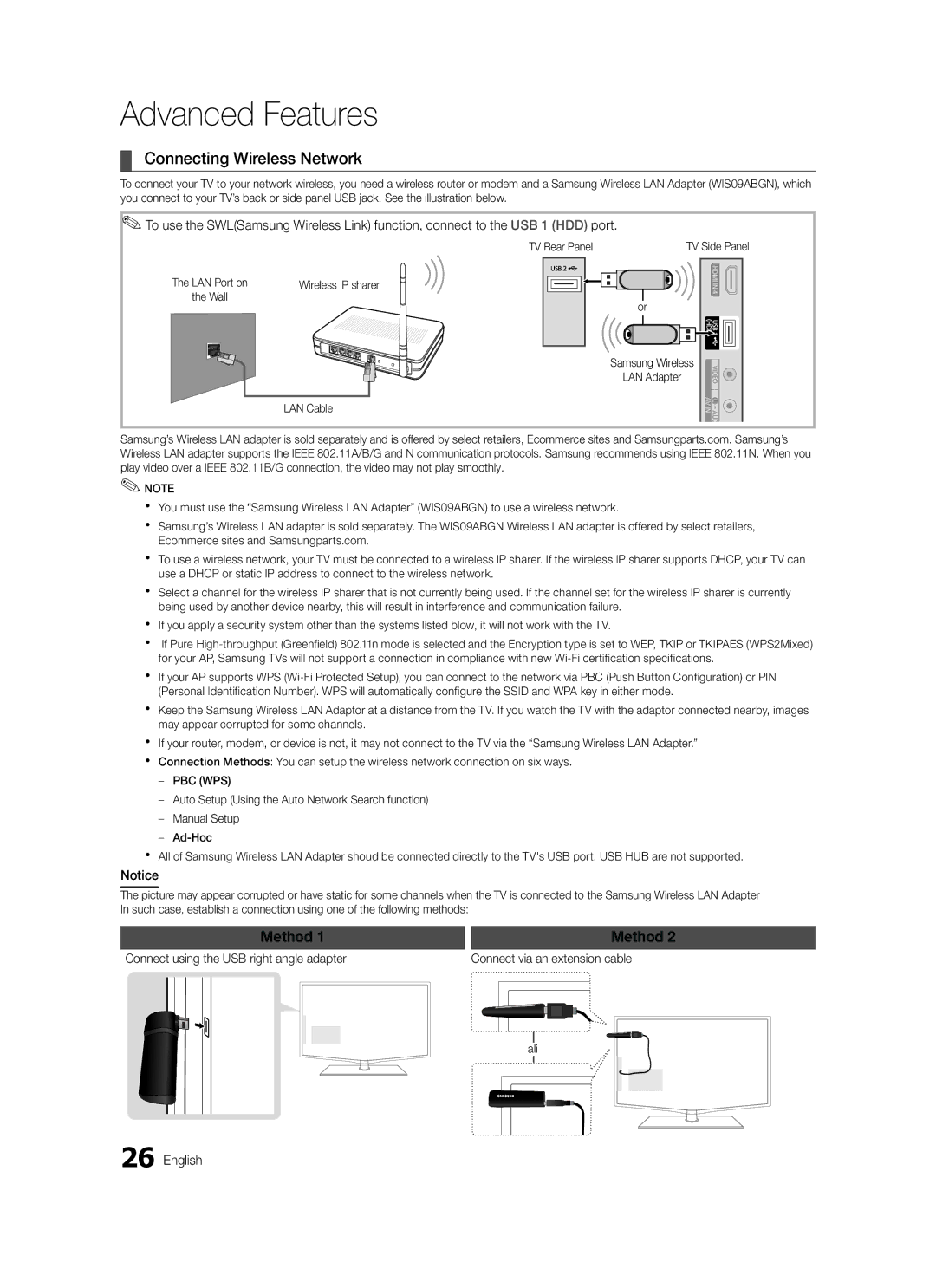 Samsung LE37C570, LE46C579, LE40C570, LE40C579 Connecting Wireless Network, TV Rear Panel, Wireless IP sharer Wall, Ali 