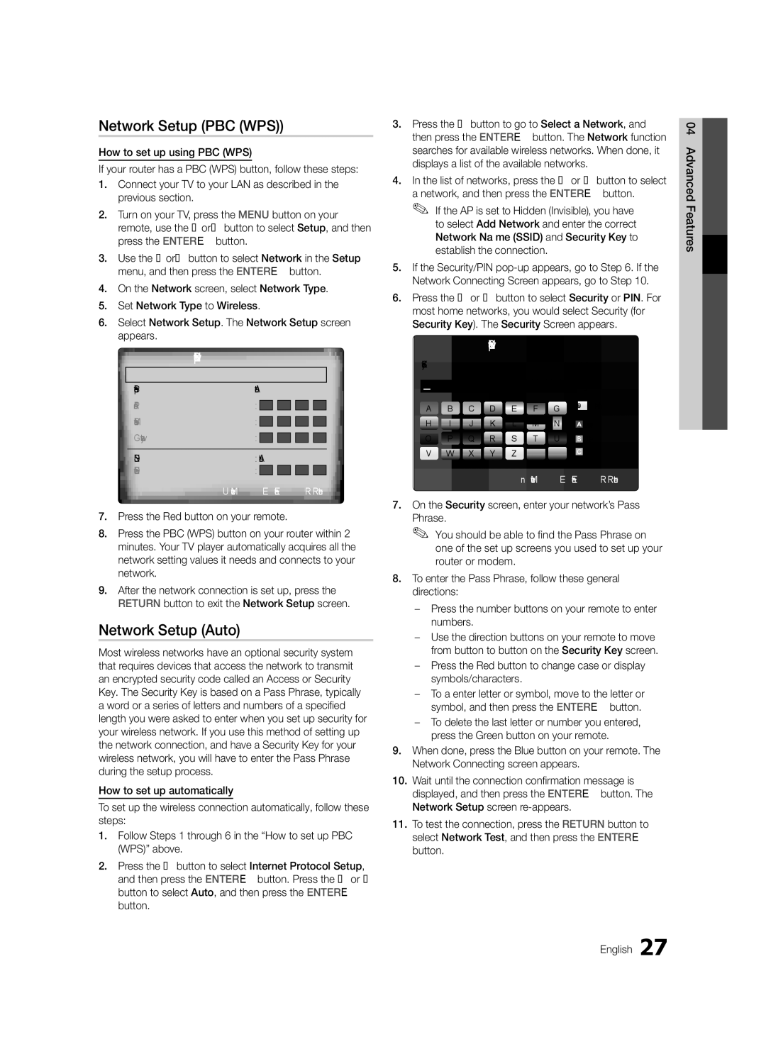 Samsung LE40C579, LE46C579, LE40C570, LE37C570 Network Setup PBC WPS, Network, and then press the ENTEREbutton, To select 