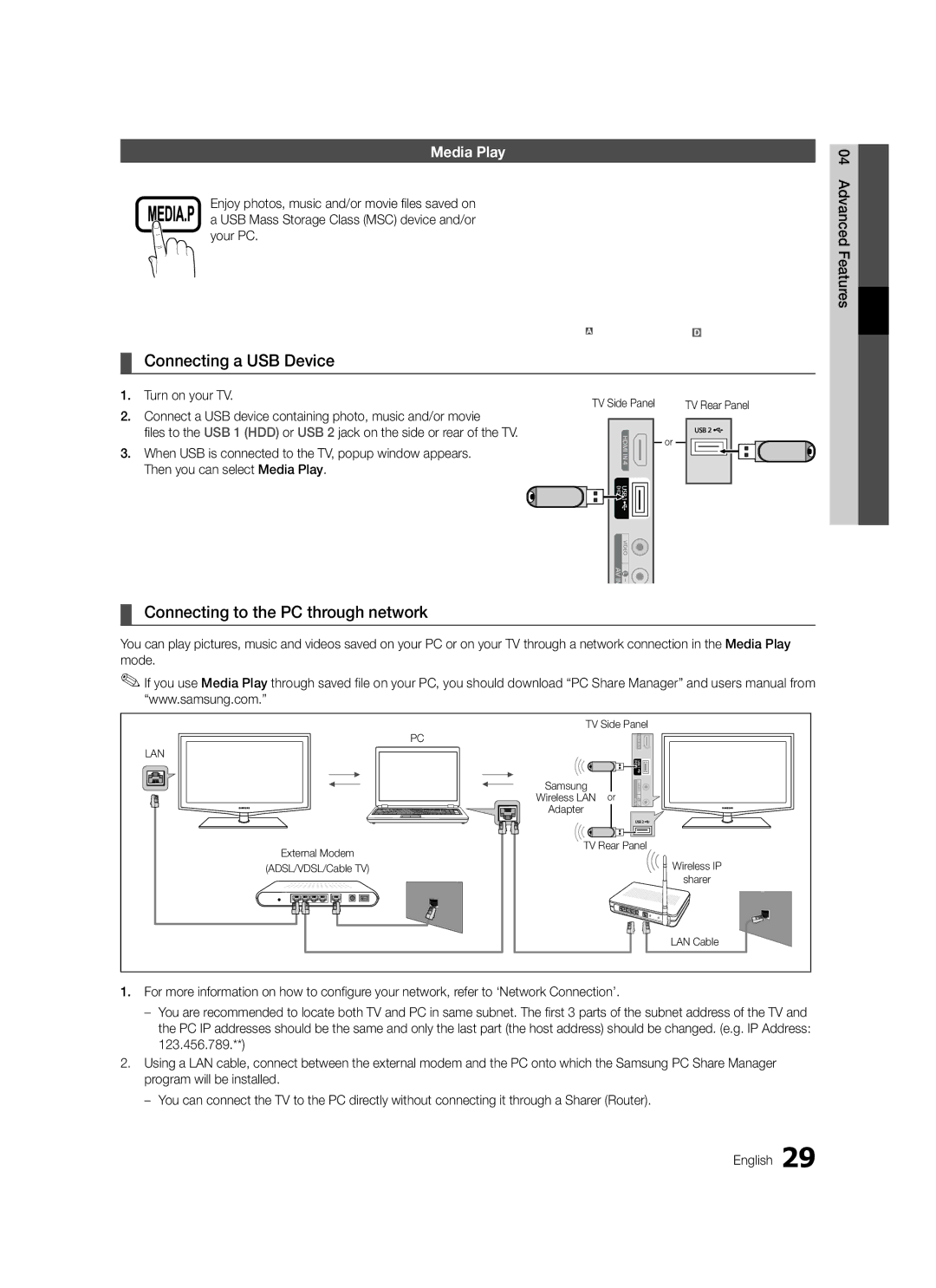 Samsung LE32C579, LE46C579 Connecting a USB Device, Connecting to the PC through network, Media Play, TV Side Panel 