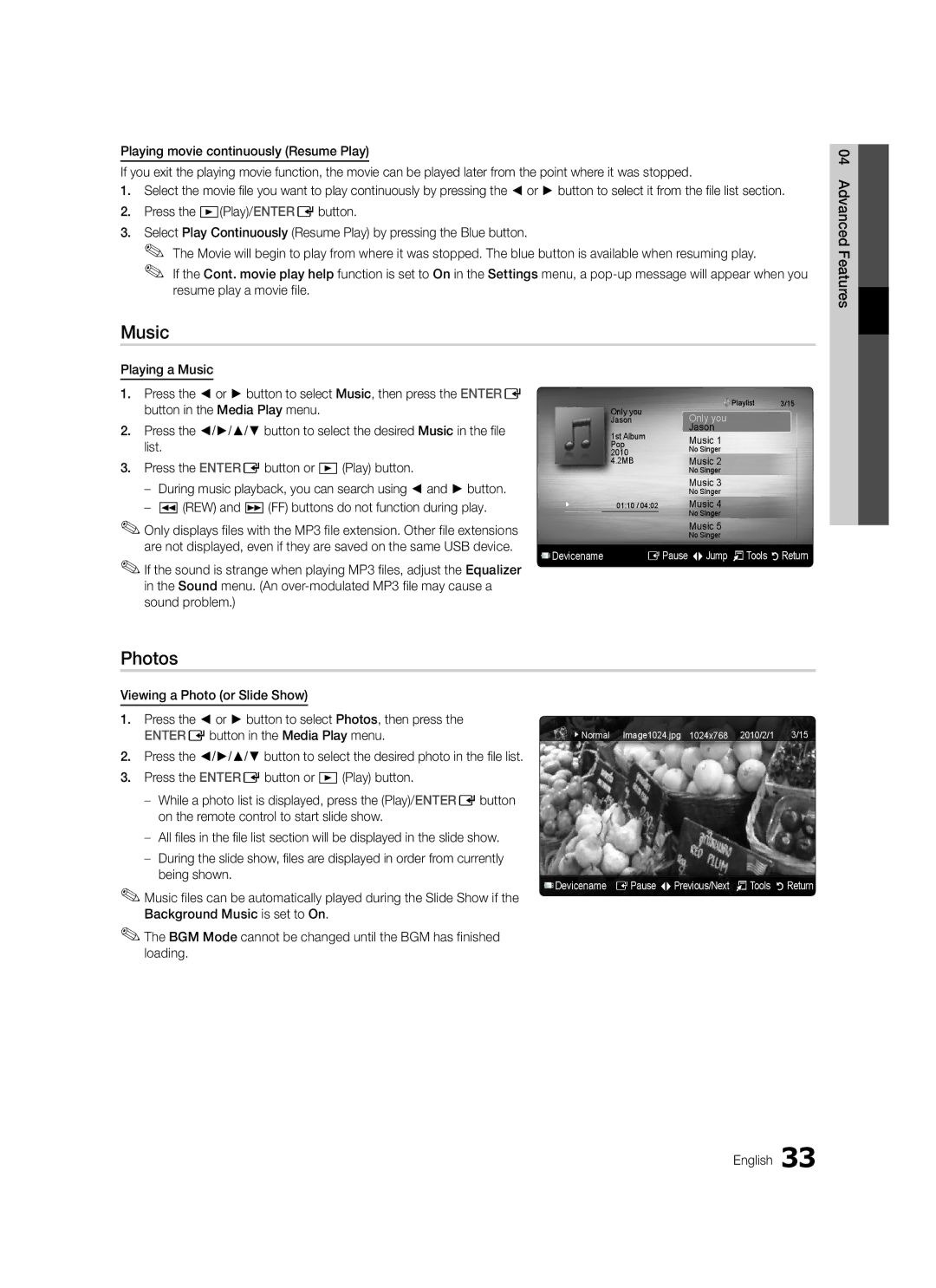 Samsung LE40C570, LE46C579, LE37C570, LE40C579, LE37C579, LE32C579, LE32C570, LE46C570 user manual Music, Photos 